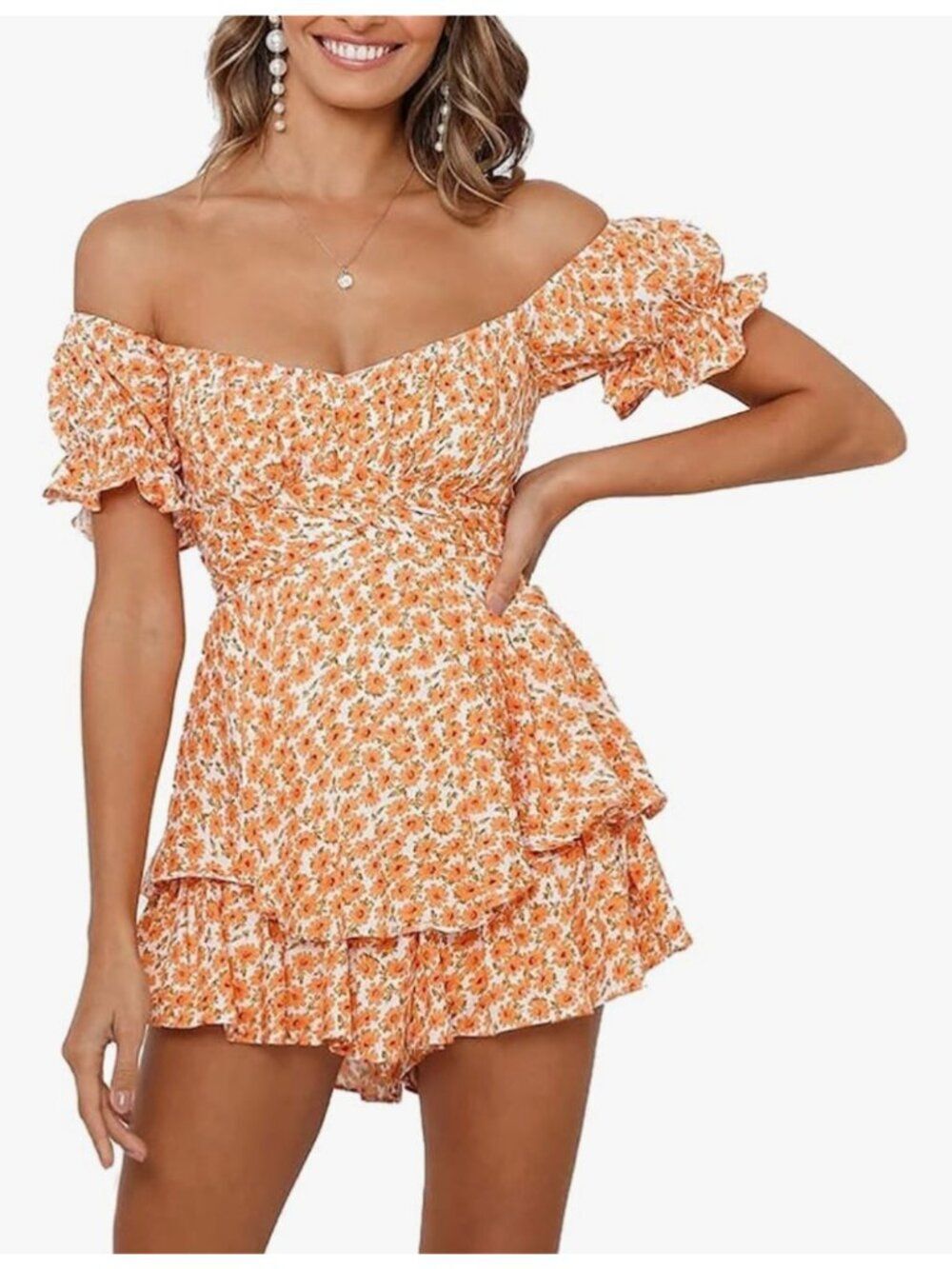 Eiffel Orange Floral Off-Shoulder Romper - Size M